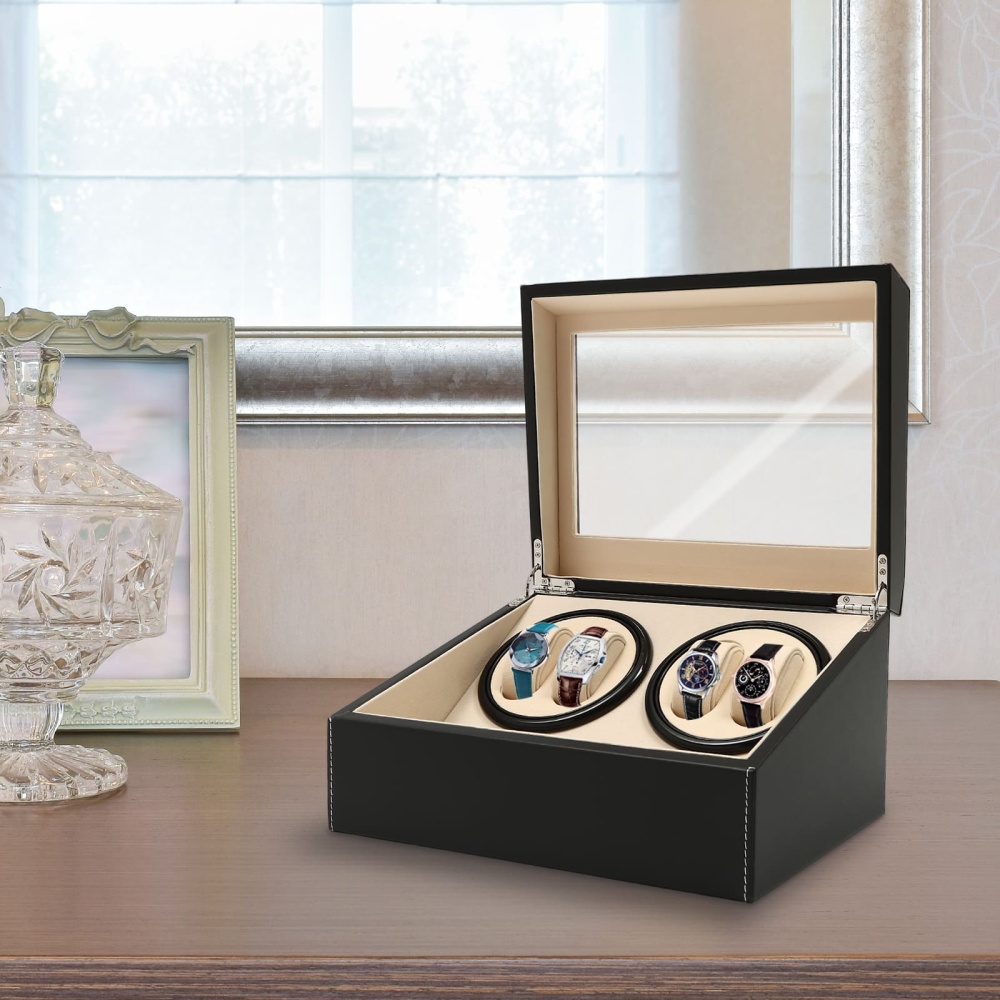 Remontoir de montre en cuir et bois à Rotation automatique 4 + 6, boîte de rangement noire