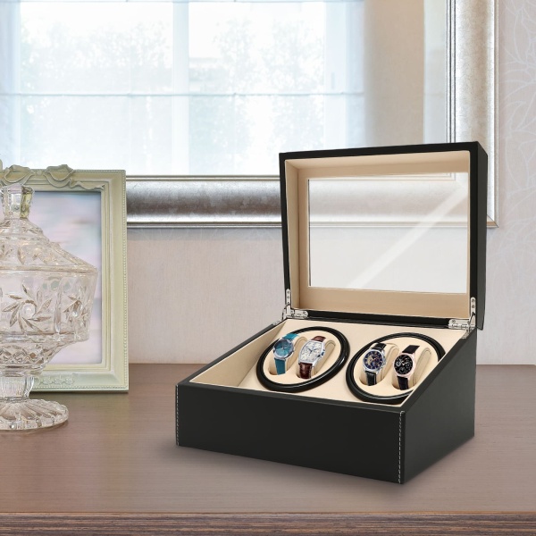 Remontoir de montre en cuir et bois à Rotation automatique 4 + 6, boîte de rangement noire