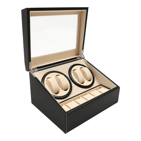 Remontoir de montre en cuir et bois à Rotation automatique 4 + 6, boîte de rangement noire