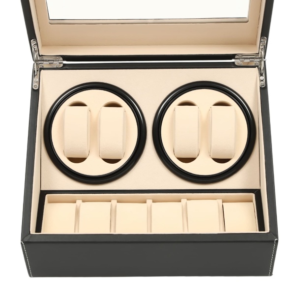 Remontoir de montre en cuir et bois à Rotation automatique 4 + 6, boîte de rangement noire