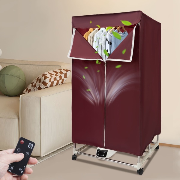 Séchoir électrique 1500 W avec minuterie (0-240 min), télécommande, double couche, design Dryer Machine pour appartements, maison, voyage (rouge vin)