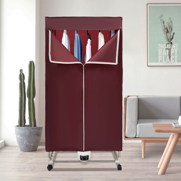 Séchoir électrique 1500 W avec minuterie (0-240 min), télécommande, double couche, design Dryer Machine pour appartements, maison, voyage (rouge vin)