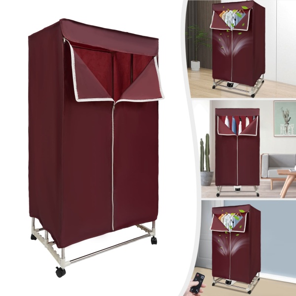 Séchoir électrique 1500 W avec minuterie (0-240 min), télécommande, double couche, design Dryer Machine pour appartements, maison, voyage (rouge vin)