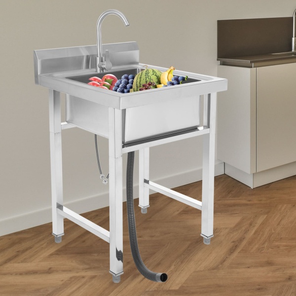 Lavabo en acier inoxydable avec robinetterie, lavabo mural mobile en acier inoxydable pour lavabo extérieur de jardin évier