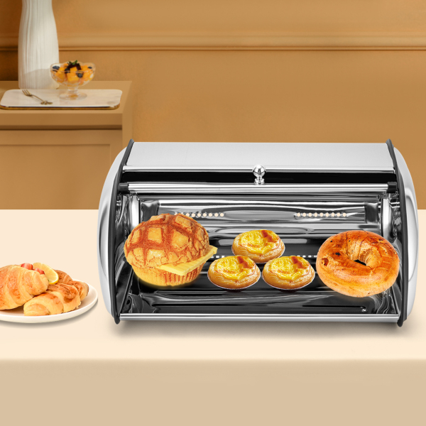 Boîte à pain en acier inoxydable pour comptoir de cuisine, boîte à pain avec couvercle enroulable et fenêtre transparente