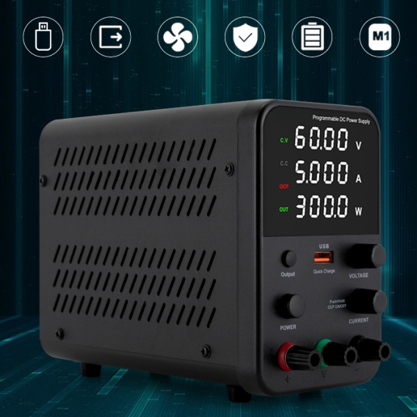 Alimentation de laboratoire 0-60V 0-5A DC avec affichage LED à 4 chiffres, réglable via USB, adaptée aux lignes de maintenance et de production