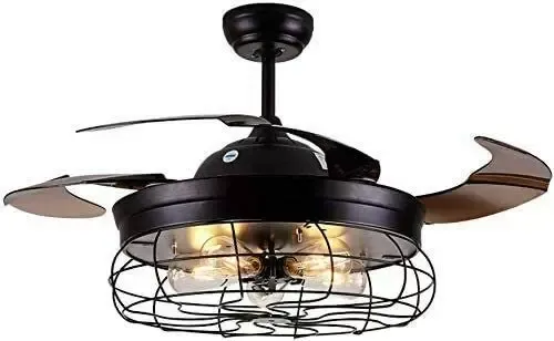 Ventilateur de plafond rétro en métal avec 4 lames rétractables avec lumière et télécommande - Pales modernes silencieuses et petites - 108 cm
