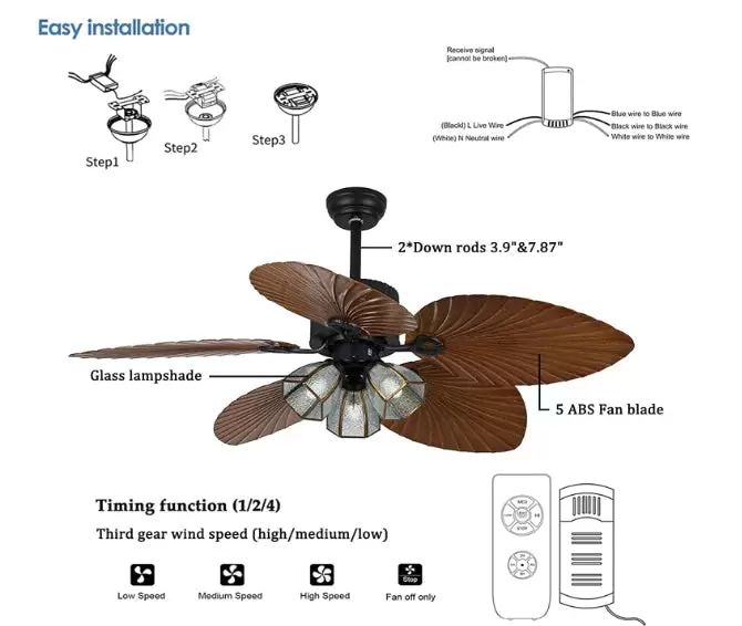 Palm-Leaf Ventilateur de plafond avec éclairage 52" Industrial Fan Plafonnier Vintage Rétro Ventilateur de plafond Lustre Antique