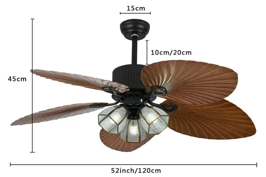 Palm-Leaf Ventilateur de plafond avec éclairage 52" Industrial Fan Plafonnier Vintage Rétro Ventilateur de plafond Lustre Antique