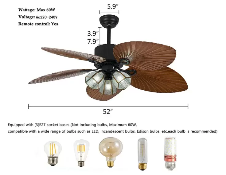 Palm-Leaf Ventilateur de plafond avec éclairage 52" Industrial Fan Plafonnier Vintage Rétro Ventilateur de plafond Lustre Antique