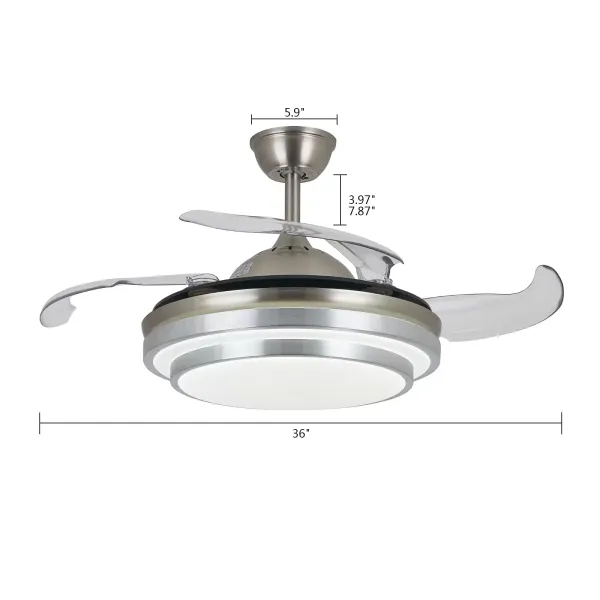 Ventilateur de plafond 36" avec éclairage Télécommande Invisible Ventilateur 4 lames rétractables pour salle à manger