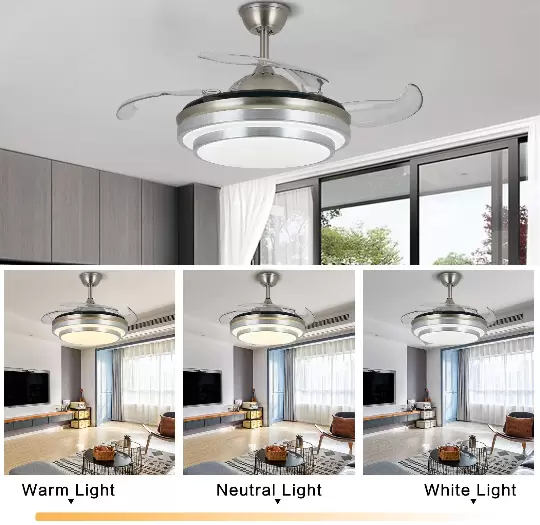 Ventilateur de plafond 36" avec éclairage Télécommande Invisible Ventilateur 4 lames rétractables pour salle à manger