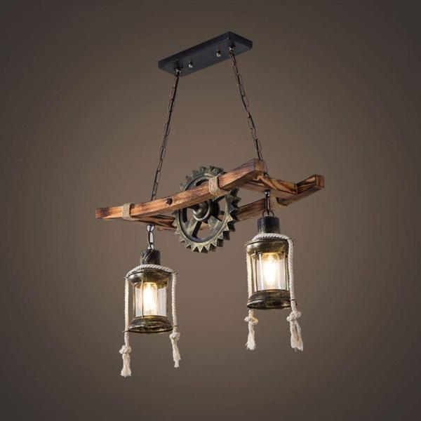 Suspension vintage - 2 têtes en métal - Lustre à roue - Lampe suspendue rétro réglable en hauteur