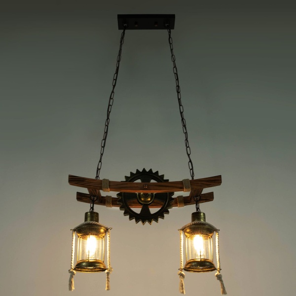 Suspension vintage - 2 têtes en métal - Lustre à roue - Lampe suspendue rétro réglable en hauteur