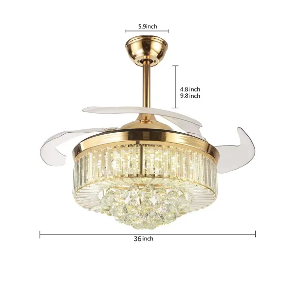 Ventilateur de plafond en cristal moderne avec pales rétractables légères Ventilateur de lustre avec télécommande chromée inversée Fandelier Luminaire