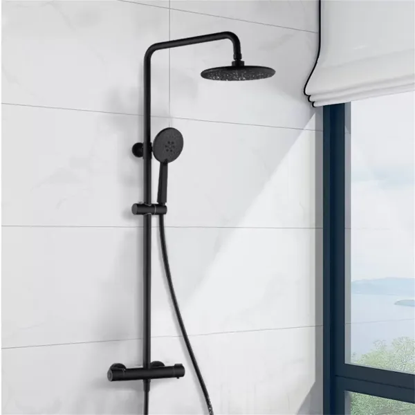Système de douche noir avec thermostat - douchette 3 fonctions et barre de douche - réglable en hauteur