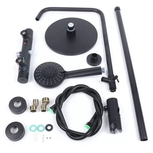 Système de douche noir avec thermostat - douchette 3 fonctions et barre de douche - réglable en hauteur