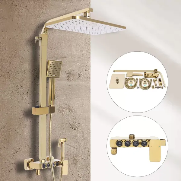 Système de Douche Robinetterie Douche à Effet Pluie Set de Douche avec Douchette à Main Barre de Douche Laiton 9x9
