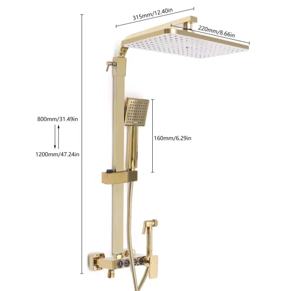 Système de Douche Robinetterie Douche à Effet Pluie Set de Douche avec Douchette à Main Barre de Douche Laiton 9x9