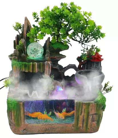 Indoor Tafelfontein - Waterfontein - Tafelfontein Waterval met Mest - Zen Light - Binnenfontein met planten - Hars Bureaubladdecoratie - LED-binnenfontein