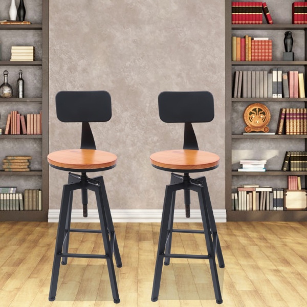 Lot de 2 tabourets de bar vintage avec dossier, hauteur réglable, en bois et métal, tabouret de bistro, tabouret de cuisine, tabouret industriel