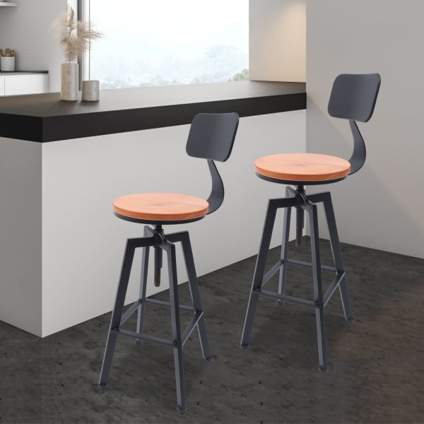 Lot de 2 tabourets de bar vintage avec dossier, hauteur réglable, en bois et métal, tabouret de bistro, tabouret de cuisine, tabouret industriel