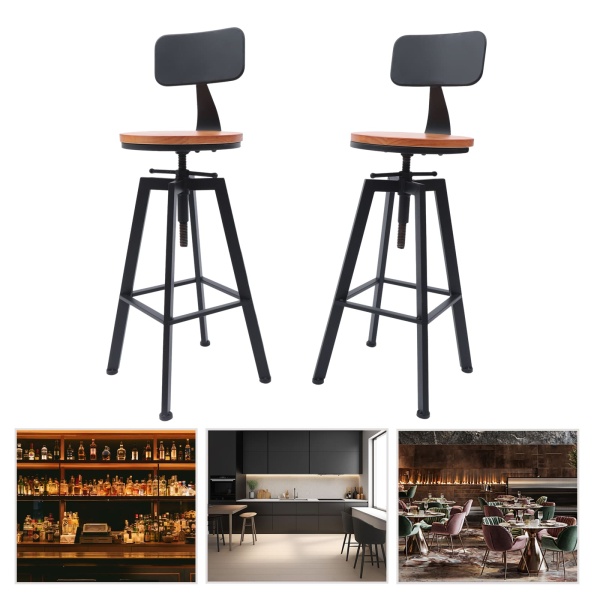 Lot de 2 tabourets de bar vintage avec dossier, hauteur réglable, en bois et métal, tabouret de bistro, tabouret de cuisine, tabouret industriel