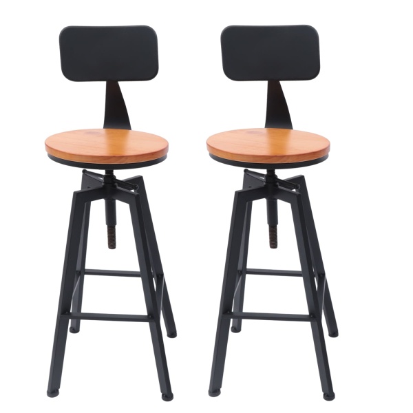 Lot de 2 tabourets de bar vintage avec dossier, hauteur réglable, en bois et métal, tabouret de bistro, tabouret de cuisine, tabouret industriel
