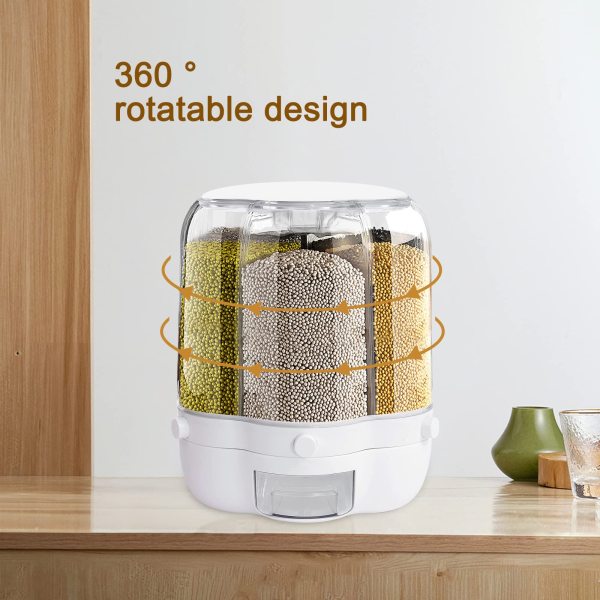 Distributeur de céréales de cuisine rotatif à 360 °, 6 grilles de seaux de voyage, récipient à céréales, capacité 12,5 kg Distributeur de céréales de cuisine rotatif à 360 °, 6 grilles de seaux de voyage, récipient à céréales, capacité 12,5 kg