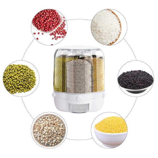 Distributeur de céréales de cuisine rotatif à 360 °, 6 grilles de seaux de voyage, récipient à céréales, capacité 12,5 kg