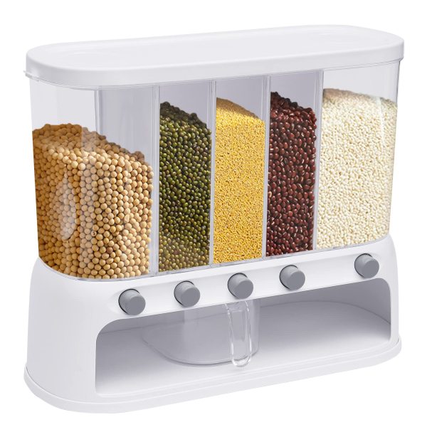 Distributeur de Céréales à 5 Grilles - Avec Couvercle - Organiseur Séparé pour Bonbons, Haricots, Riz, Aliments Secs