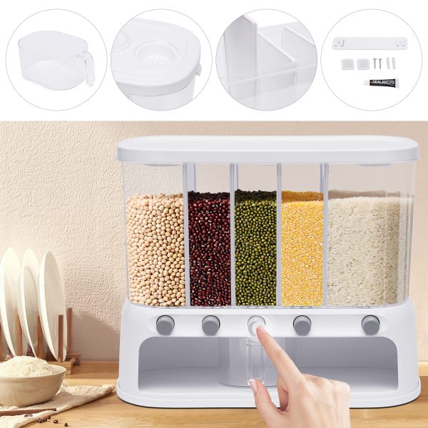 Distributeur de Céréales à 5 Grilles - Avec Couvercle - Organiseur Séparé pour Bonbons, Haricots, Riz, Aliments Secs