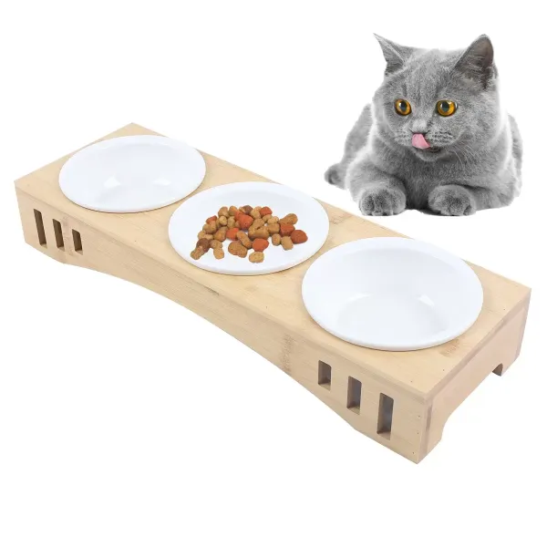 Mangeoire tendance pour chat et chien - Set de gamelles en céramique - 3 x 400 ml - Support antidérapant en bambou - Gamelles idéales
