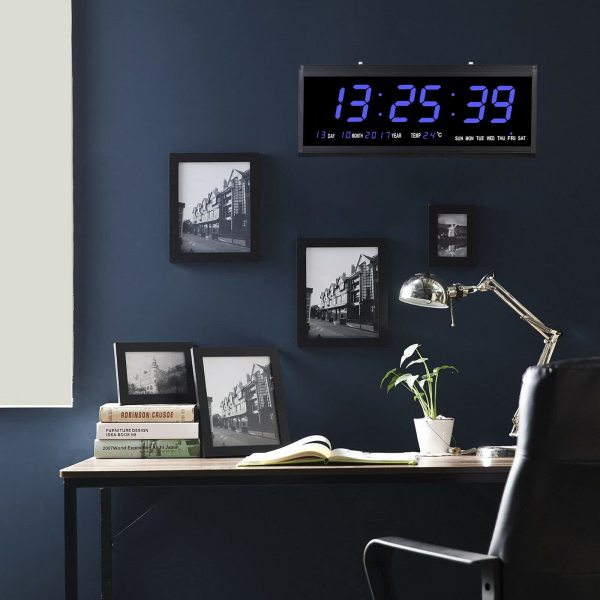 Horloge murale numérique LED avec date et affichage de la température - 480 x 190 x 30 mm