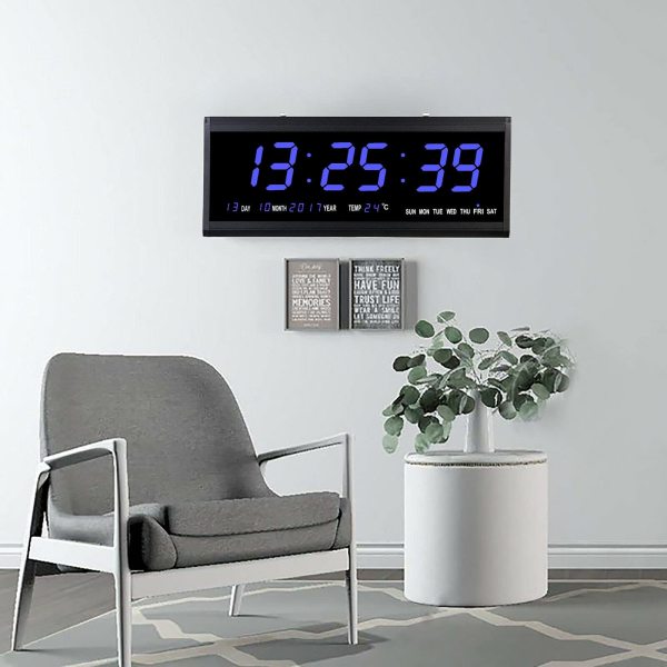 Horloge murale numérique LED avec date et affichage de la température - 480 x 190 x 30 mm