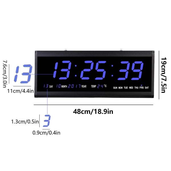 Horloge murale numérique LED avec date et affichage de la température - 480 x 190 x 30 mm
