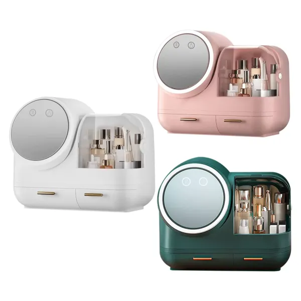 CNCEST (Rose/Blanc/Vert) Organisateur de maquillage avec boîte de rangement à lumière LED pour cosmétiques - Miroir pivotant
