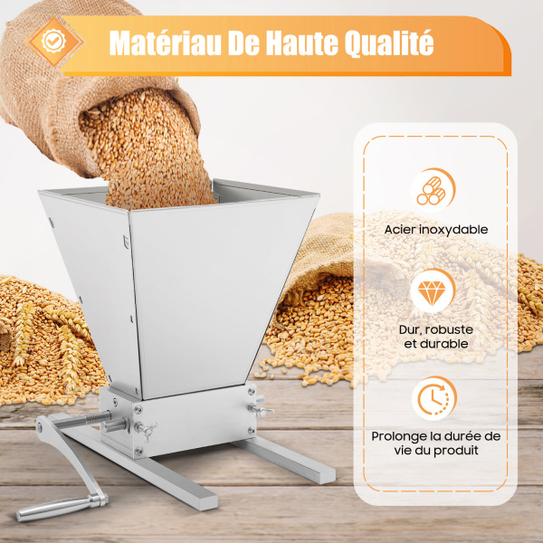 Moulin à malt - Moulin à céréales - Réglable - En acier inoxydable - Pour brasser des céréales - Avec 2 barres en aluminium