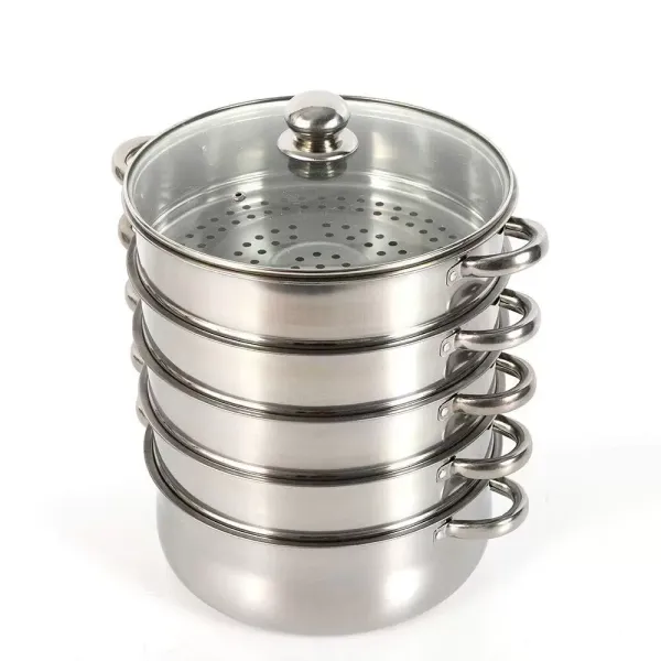 26 cm Cuiseur vapeur en acier inoxydable 5 récipients de cuisson à vapeur avec couvercle en verre
