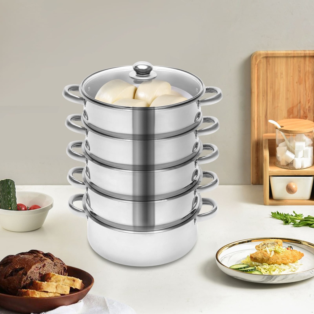 26 cm Cuiseur vapeur en acier inoxydable 5 récipients de cuisson à vapeur avec couvercle en verre
