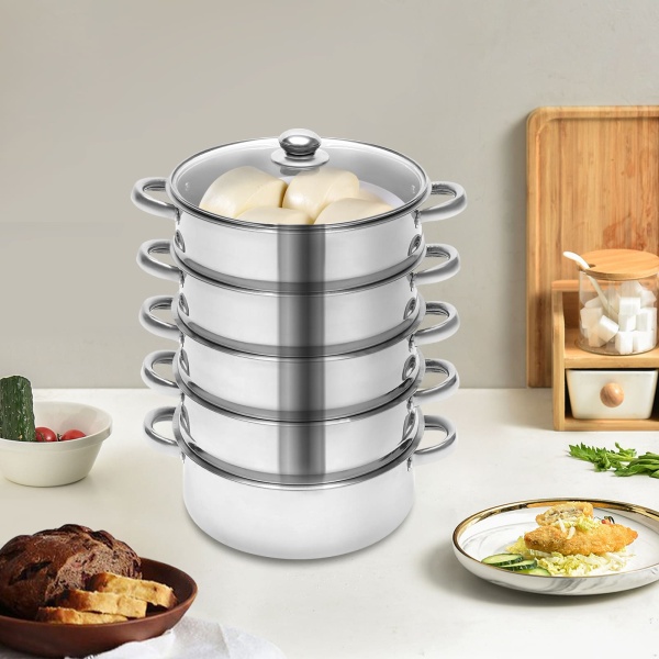 26 cm Cuiseur vapeur en acier inoxydable 5 récipients de cuisson à vapeur avec couvercle en verre