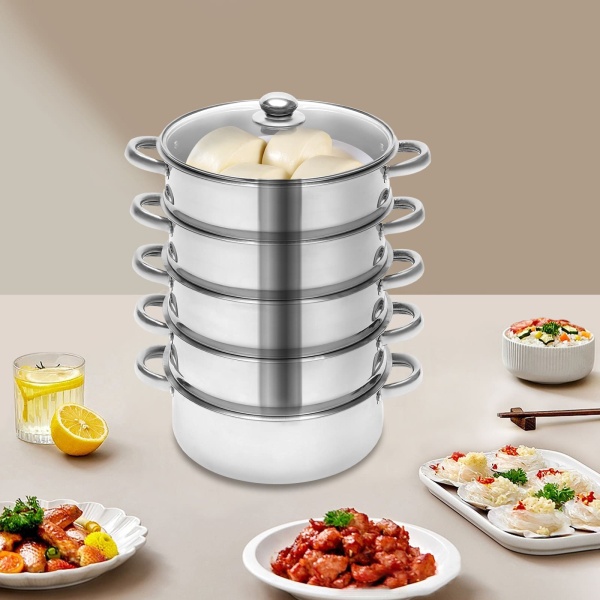 26 cm Cuiseur vapeur en acier inoxydable 5 récipients de cuisson à vapeur avec couvercle en verre