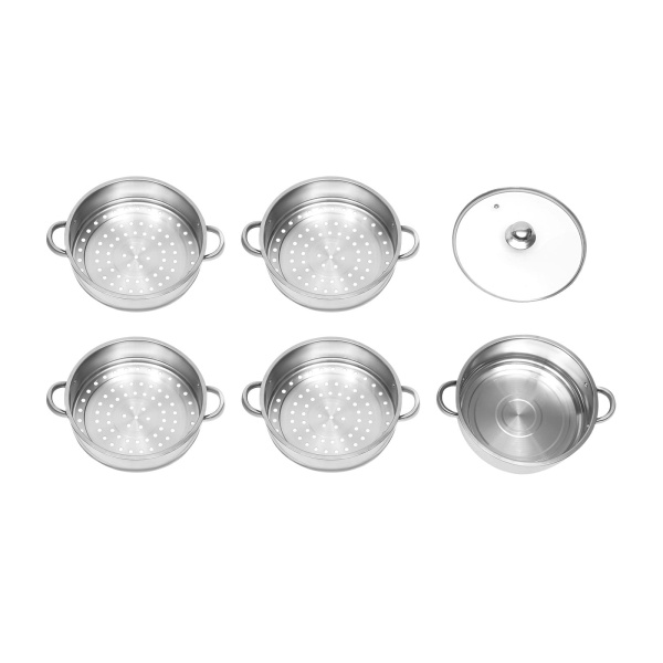 26 cm Cuiseur vapeur en acier inoxydable 5 récipients de cuisson à vapeur avec couvercle en verre
