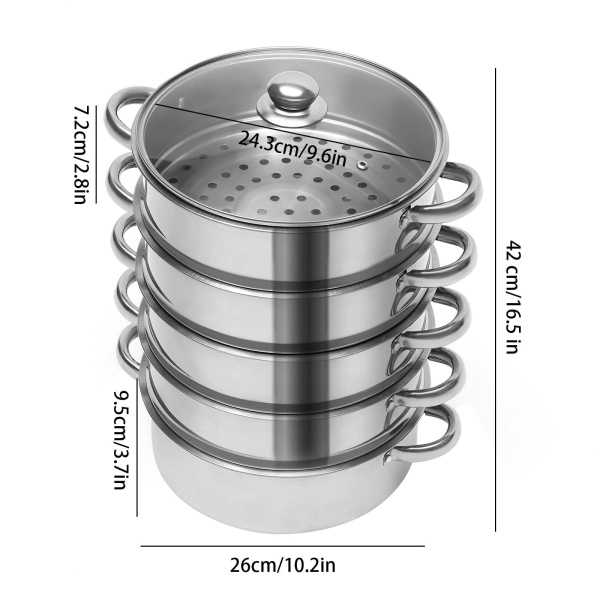 26 cm Cuiseur vapeur en acier inoxydable 5 récipients de cuisson à vapeur avec couvercle en verre