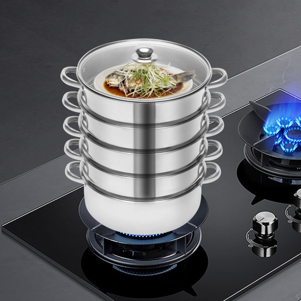 26 cm Cuiseur vapeur en acier inoxydable 5 récipients de cuisson à vapeur avec couvercle en verre 26 cm Cuiseur vapeur en acier inoxydable 5 récipients de cuisson à vapeur avec couvercle en verre