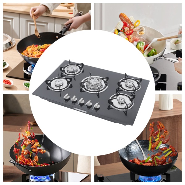 Plaque de cuisson à gaz 5 flammes - Intégrable - Noir - Avec protection anti-flamme - Pour cuisine, verre trempé