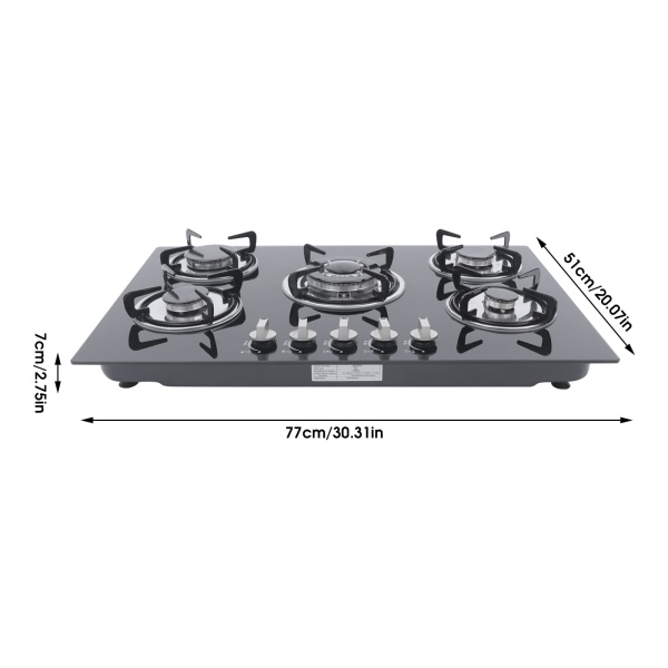 Plaque de cuisson à gaz 5 flammes - Intégrable - Noir - Avec protection anti-flamme - Pour cuisine, verre trempé