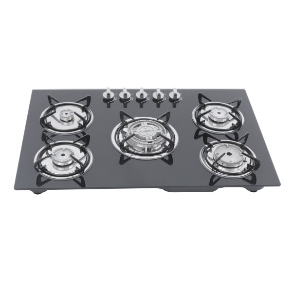 Plaque de cuisson à gaz 5 flammes - Intégrable - Noir - Avec protection anti-flamme - Pour cuisine, verre trempé