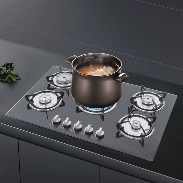 Plaque de cuisson à gaz 5 flammes - Intégrable - Noir - Avec protection anti-flamme - Pour cuisine, verre trempé