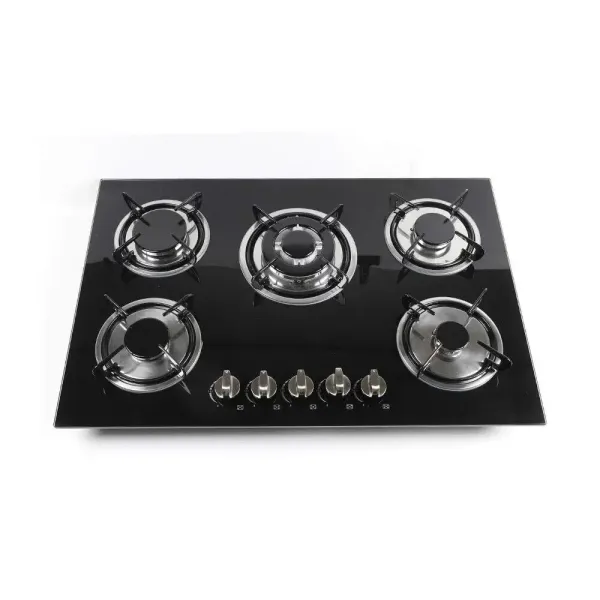 Plaque de cuisson à gaz 5 flammes - Intégrable - Noir - Avec protection anti-flamme - Pour cuisine, verre trempé